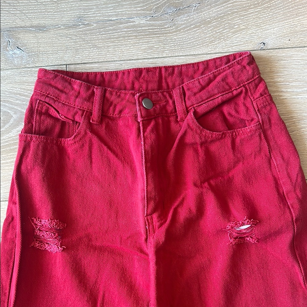 Red Distressed Wide-Leg Jeans - High Rise - Picture 2 of 3